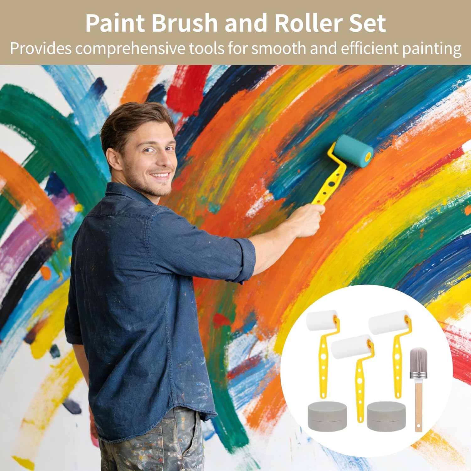 6PCS Paint Brush and Roller Set, Includes 3 Oil-Based Sponge Rollers, a 1 Cleaning Brush and 2 Round Sponges, for Painting, Staining, Varnishing, and Touch-Ups