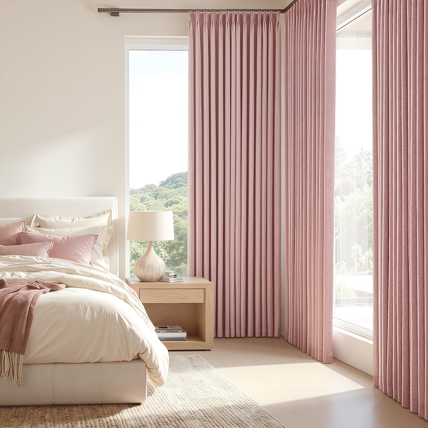MIULEE 100% Blackout Pinch Pleated Pink Linen Curtains for Bedroom, Room Darkening Memory Trained Light Blocking Window Curtains 63 inches Long for Living Room, Black Out Pleat Drapes, 2 Panels thumbnail