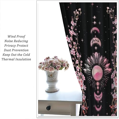 Miniatura 5 de Cortinas opacas con diseño de luna y flores, estilo japonés, para dormitorio, fase negra y rosa, para jardín, estética, plantas naturales, 21