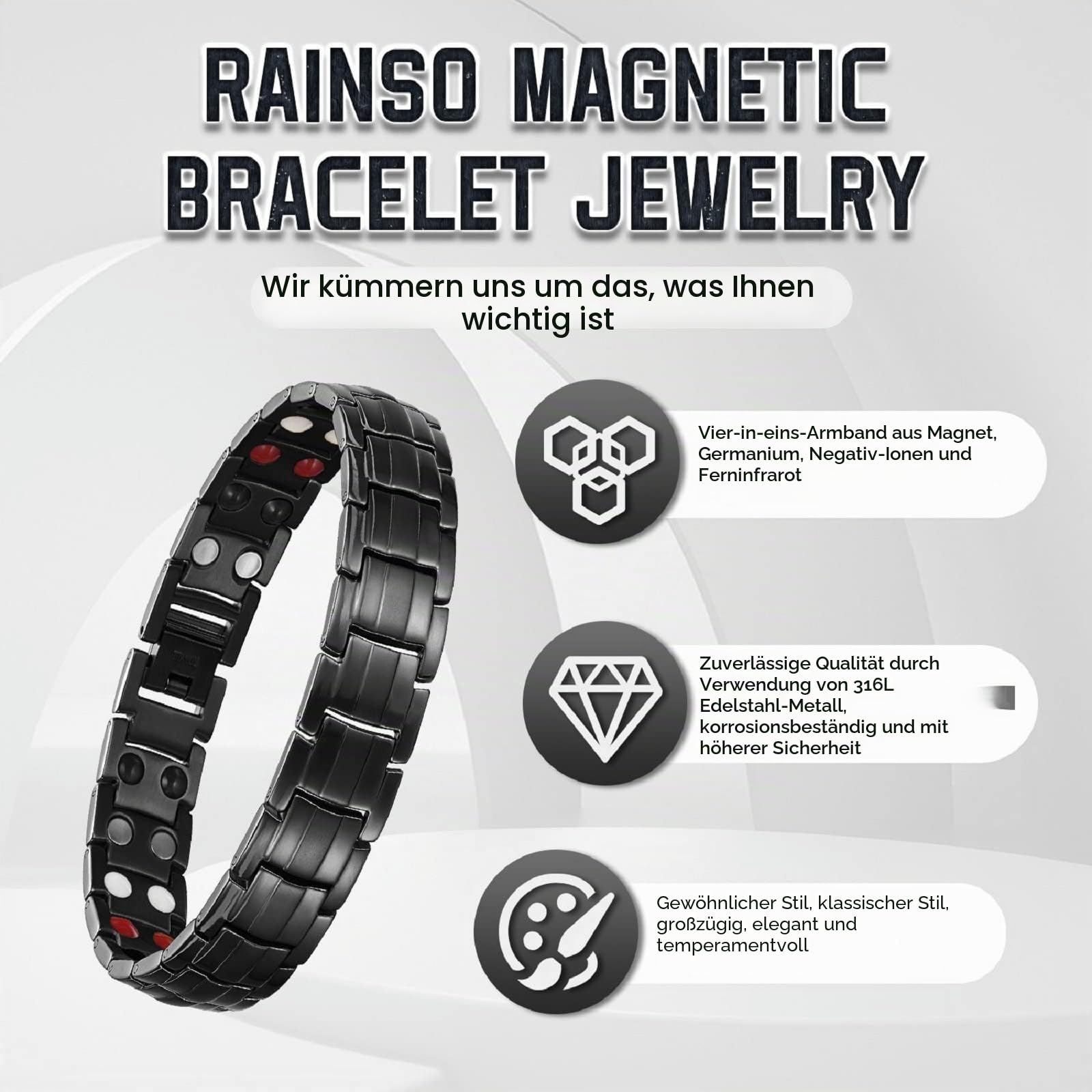 RainSo Edelstahl Magnetarmband Herren, Zweireihiges Magnetarmband mit 3800 Gauss Magneten, Verstellbar inkl. Anpassungswerkzeug und Schmuckbox (4 Elemente)
