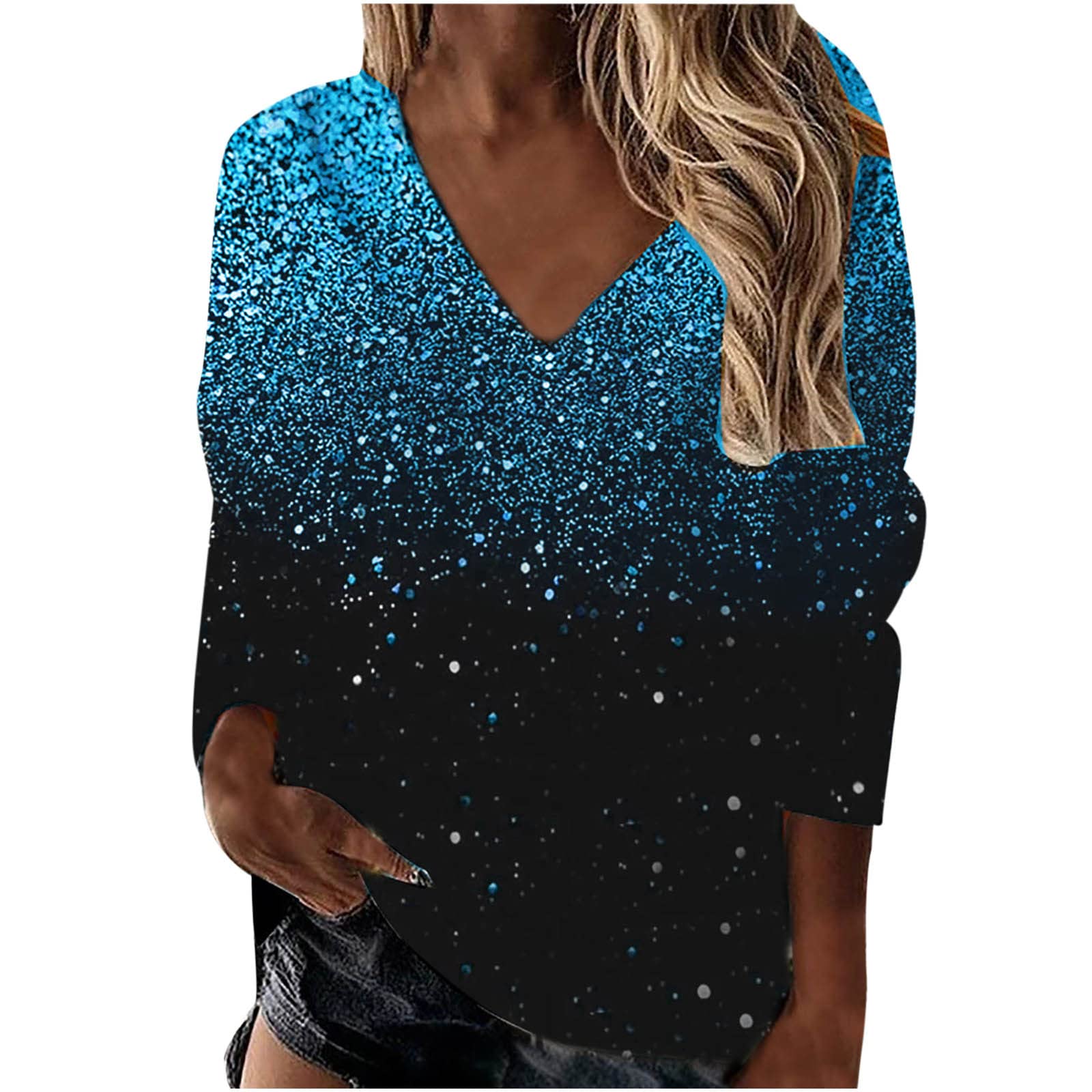 NUSGEAR 2022 Camiseta de Mujer,Manga Larga Elegante Blusa Camisa Moda Cuello en V Casual impresión Lentejuelas Basica Jersey Sudadera Suelto Primavera Tops Fiesta Sudadera T-Shirt Original