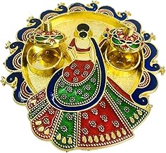 Trendifly Handcrafted Meenakari Decorative Rakhi Pooja Thali Set with Kumkum Chandan Haldi Holder | Gold Plated Multicolor Puja Thali for Home Mandir Temple | Diwali Pooja Wedding Return Gift