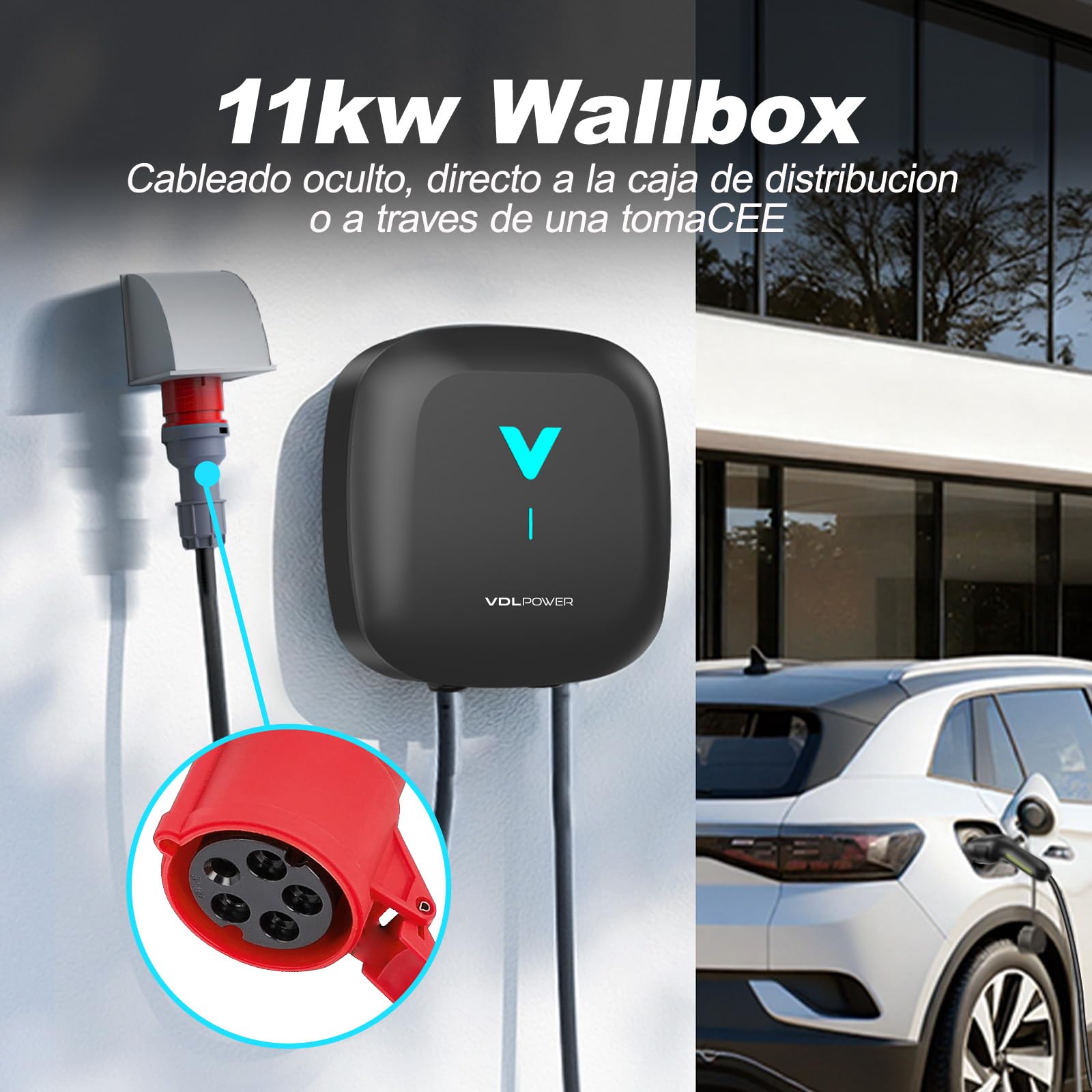 Wallbox 11kW mit APP, Typ 2 Ladekabel, 3-Phasen EV-Ladegerät, 400V 6–16A, 6m Kabel mit Kabelhalter, RCD Typ B & IP67, Ladestation mit WLAN & Bluetooth, für Zuhause für BEV PHEV