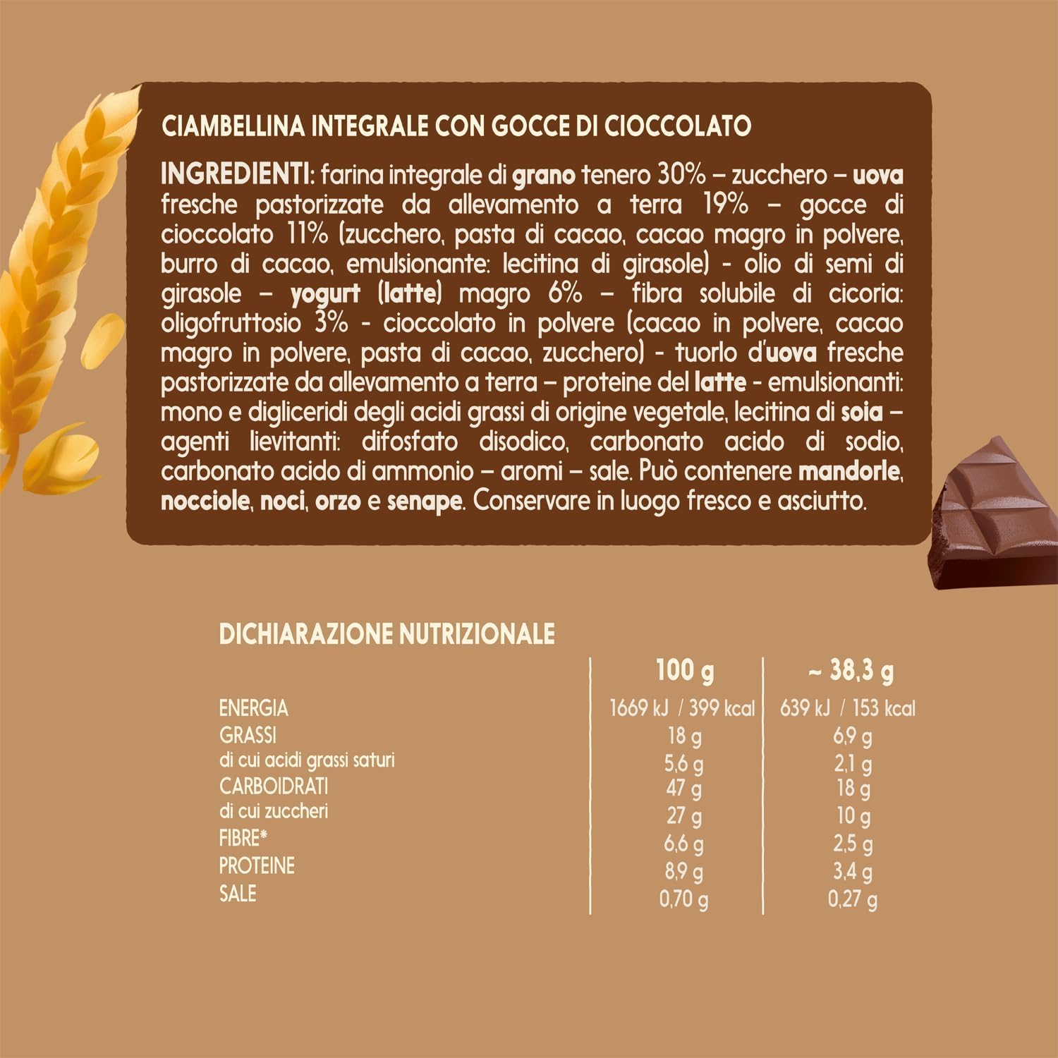 Ciambelline Integrali con Gocce di Cioccolato – 230g – Snack Dolce Ricco di Fibre con Farina Integrale – Variazioni 4/8/12 Pezzi (12 PEZZI)