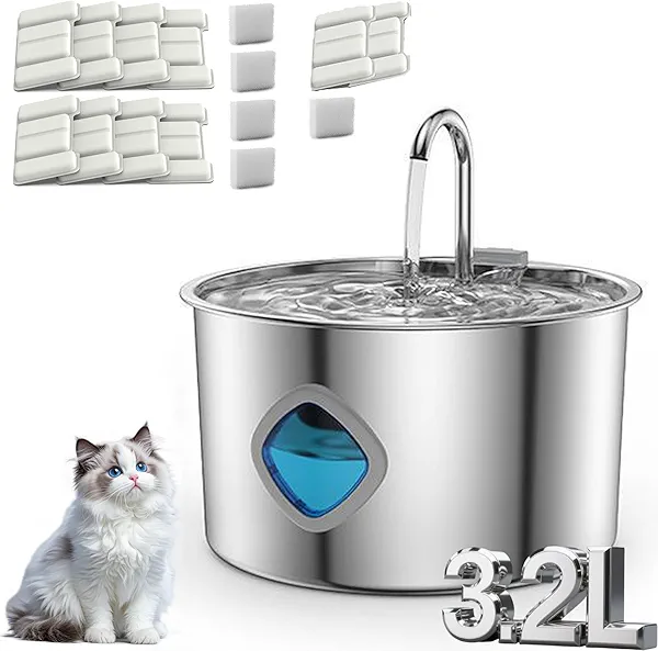 Purrify Cat Water Fountain, 3.2l/108 Fl Oz Purrify Stainless Steel Water Fountain for Cats & Small Dogs, Large Capacity, Natural Circulation Filtration (Silver, 1PC + 10 Filter)