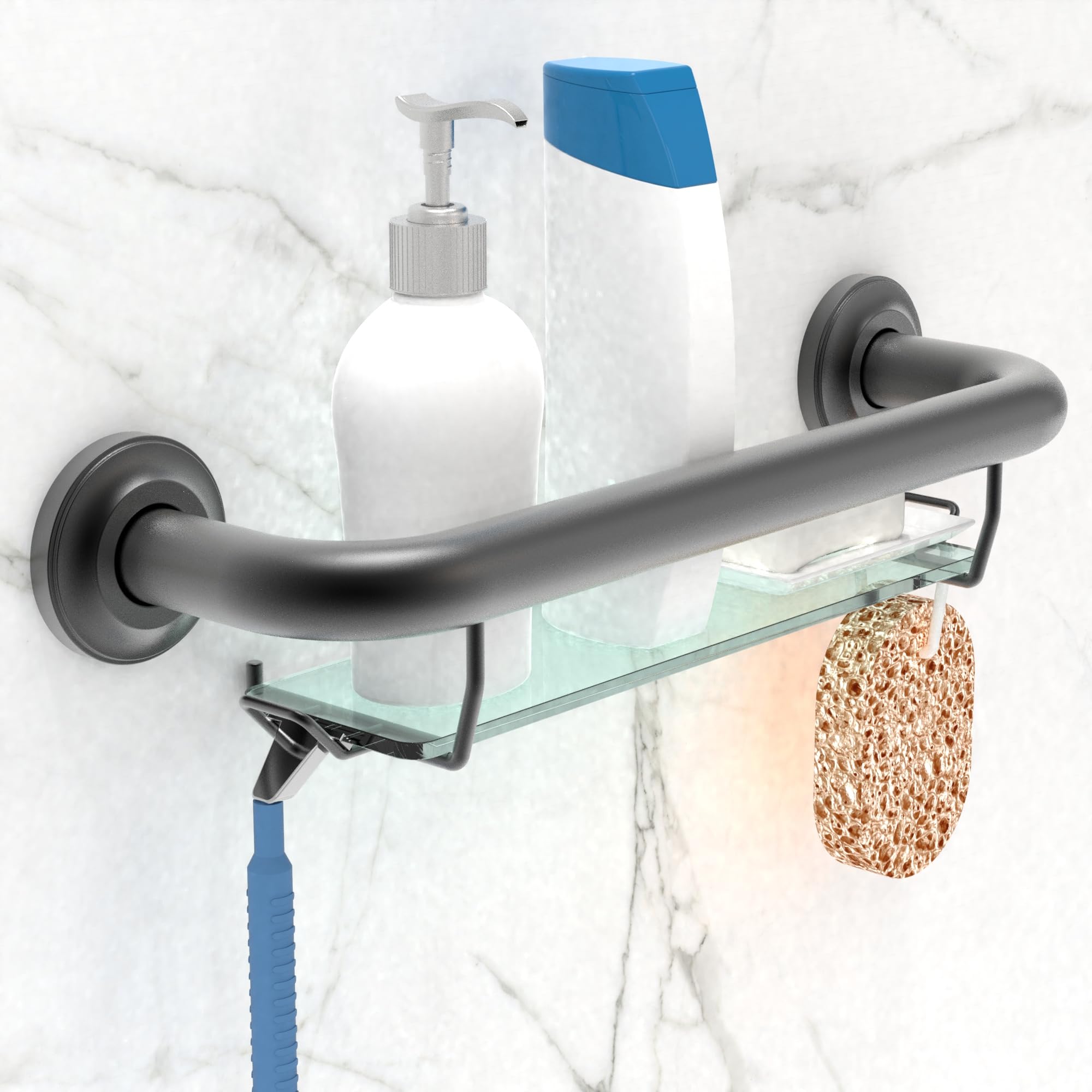AquaChase ADA Compliant Grab Bar with Glass Shelf for Shower Wall and Bathtubs, 500lbs Weight Support, 1-1/4 x 16 inch for Stud Mount, Matte Black