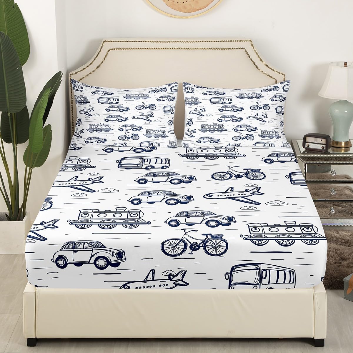 Construction Truck Bed Sheets Full,Cartoon Tractor Fitted Sheet Excavator Bed Set,Cute Vehicle Toddler Bedding Set Kawaii Room Decor,Teal Blue
