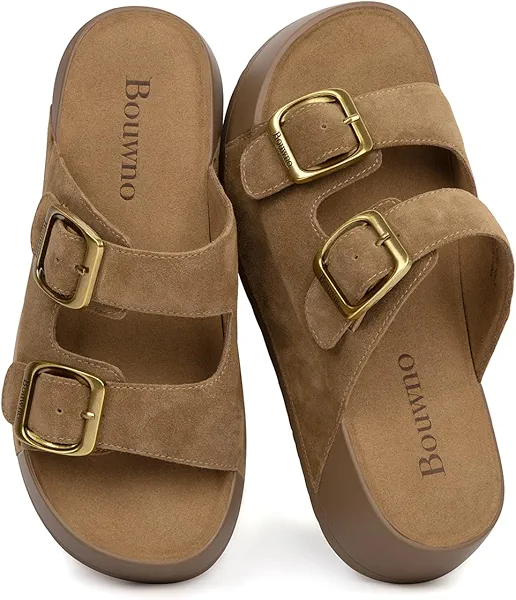 Platform Sandals Women Genuine Leather Slip-on Beach Slide Buckle Comfortable Sandals with Memory Foam Soft Lining and Open Toe Low Wedges