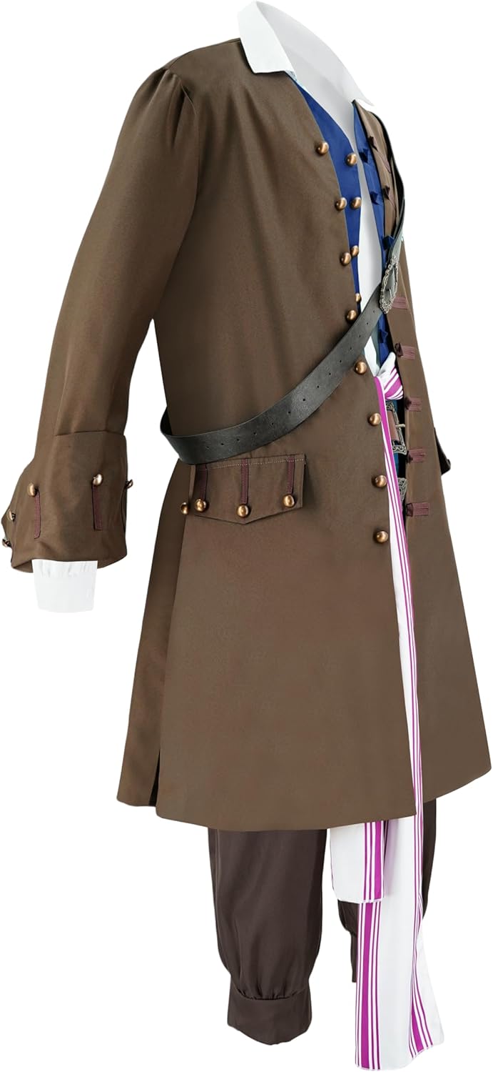 Men Pirate Costume Jack Sparrow Coat Vest Sash Pants Belt Goatee Beads Halloween Renaissance Party Outfit Brown - Image 3