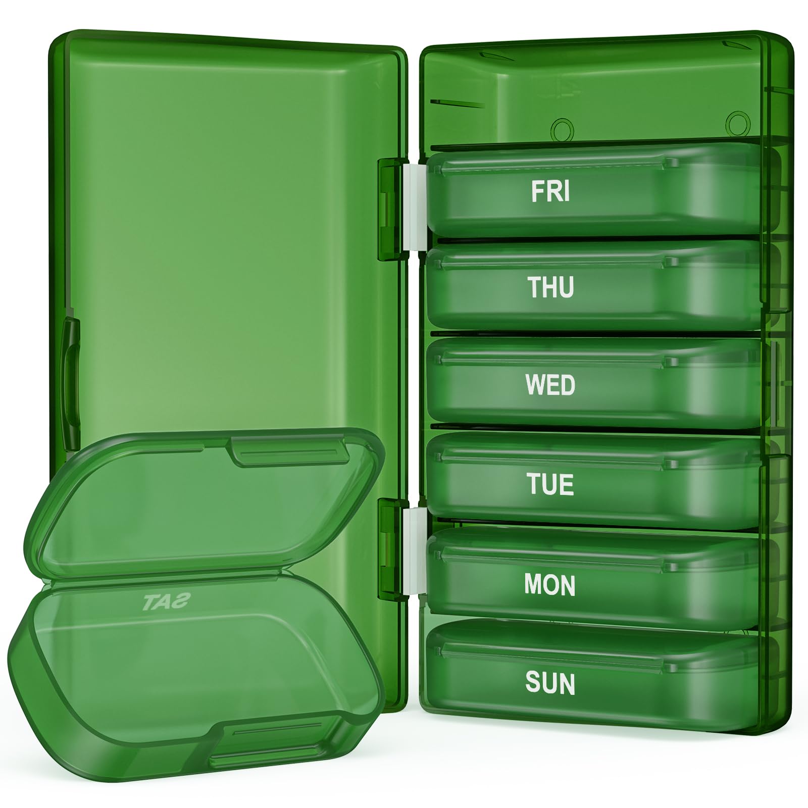 PULIV Weekly Pill Organizer with Large Capacity, Dual Protection Pill Box 7 Day, Arthritis Friendly Pill Case Easy to Open, Medicine Organizer for Vitamins, Medications, Fish Oils, Supplements (Green)