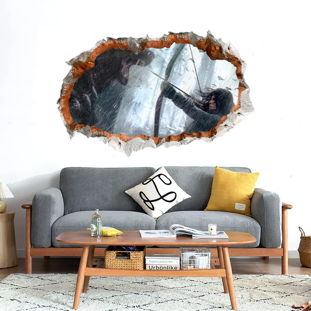 GADGETS WRAP Printed Wall Decal Sticker Broken Smashed Bricks Wall Style Decal (81cm x 55cm) - Rise of The Tomb Raider Lara Croft Fighting Bear