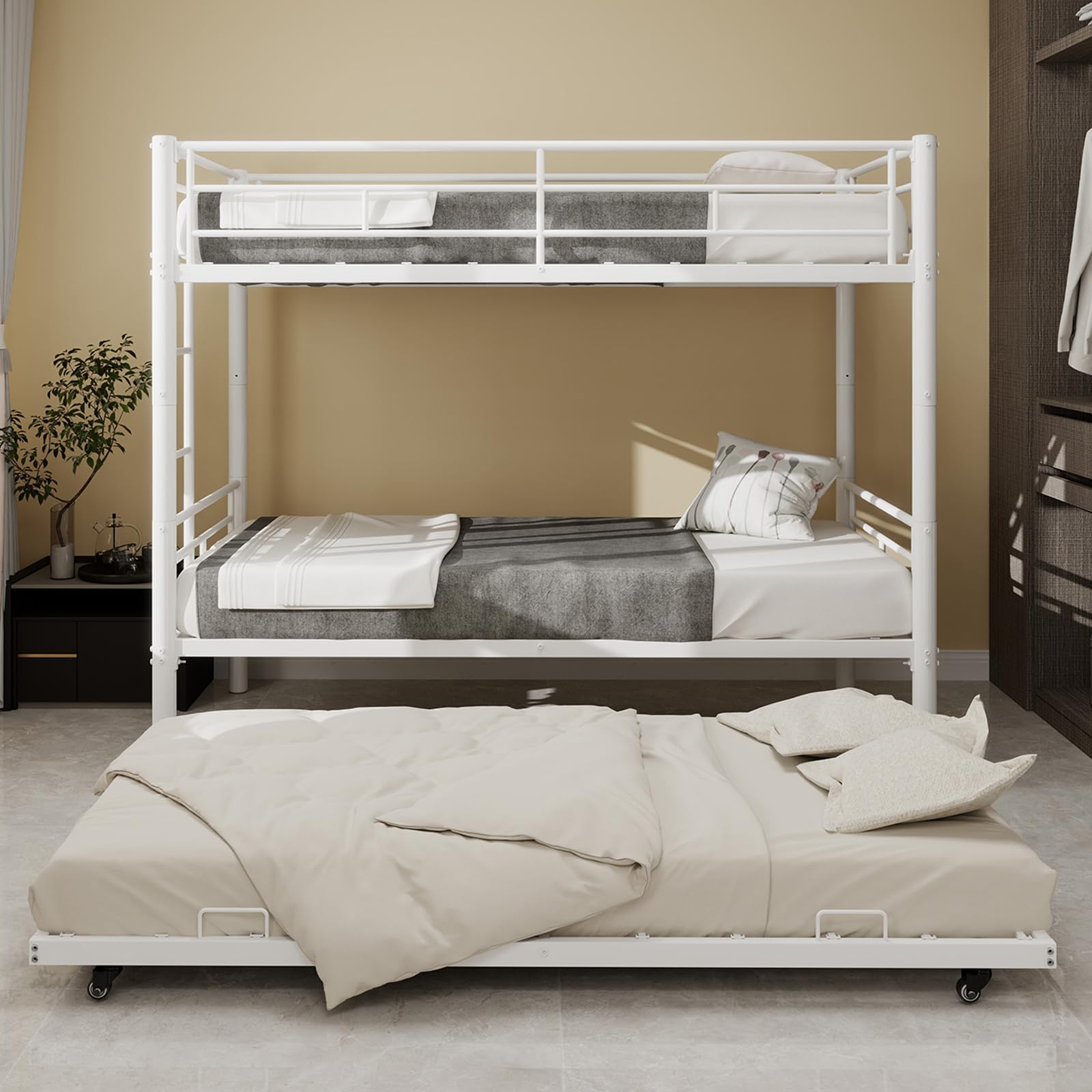 Lubvtti Letto a castello per bambini in metallo con letto estraibile,trasformabili in due letto singolo, letto per bambini 90x190 cm con scaletta e ringhiera (A-Bianco)