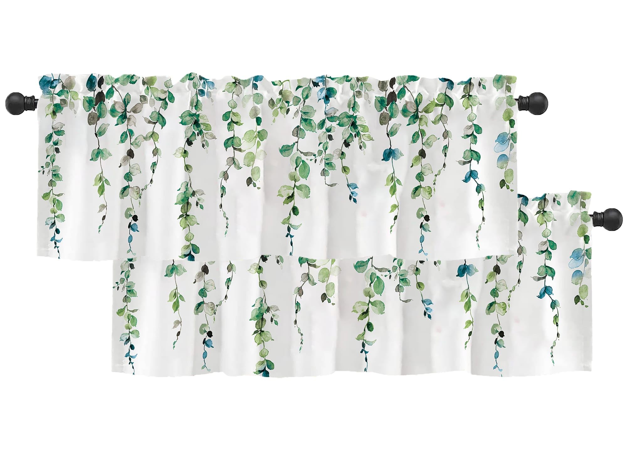 Cantonnières Courtes Passe-tringle 137x45 Cm - Tissu Polyester Semi-transparent, Vert Aquarelle