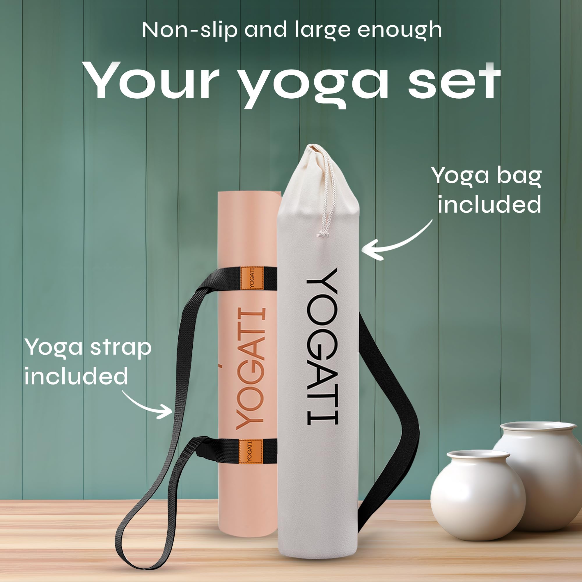YOGATI® Tappetino Yoga Antiscivolo Per Donna | Tappetini in Gomma Per Pilates Con Linee Di Allineamento, Grande Tappetino Per Esercizi Con Borsa E Tracolla Per Palestra, Allenamento a Casa