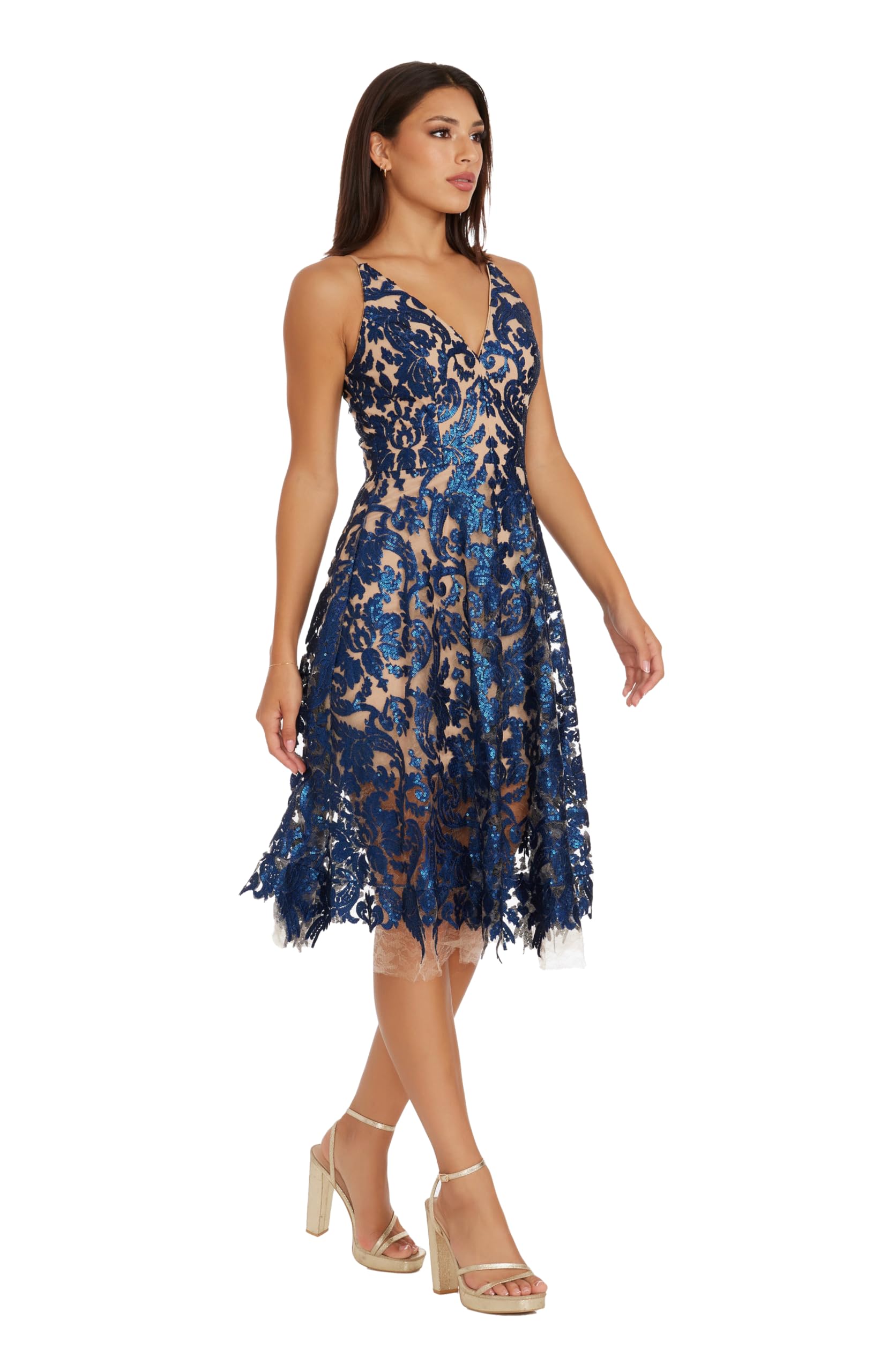 Dress The Population Womens Blair Plunging Fit and Flare Midi Dress: Small Navy/Nude