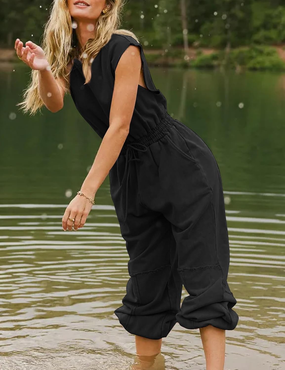 Kissonic Jumpsuits for Women Casual Crewneck Cap Sleeve Drawstring Romper One Piece Outfits with Pockets - Image 5