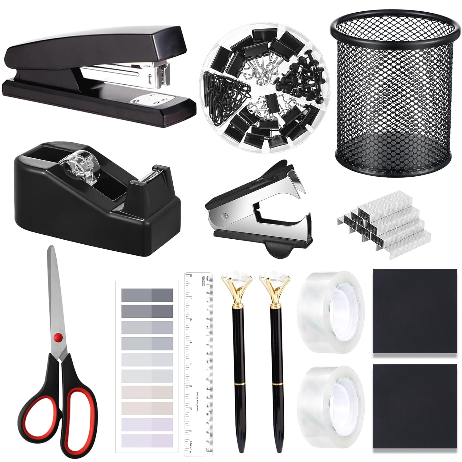 Suministros de oficina, accesorios de escritorio, grapadora y dispensador de cinta para mujeres con grapadora, dispensador de cinta, removedor de grapas, grapas, clips, tijeras y pestañas, regalo para