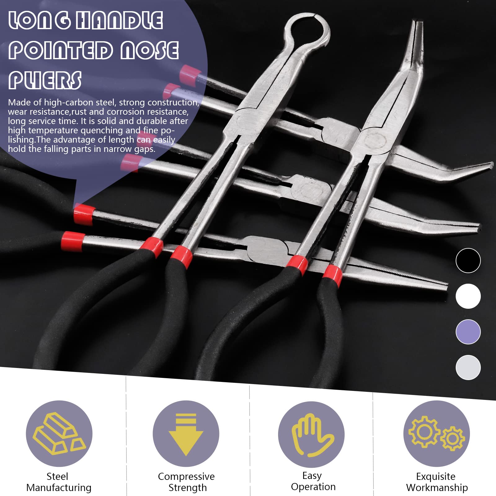 Swpeet Lot de 5 pinces à bec aiguille de précision de 27,9 cm - Pince longue portée - Outil de réparation - Droit, 25, 45, angle de 90 degrés, pince circulaire longue portée, parfaite pour carrosserie