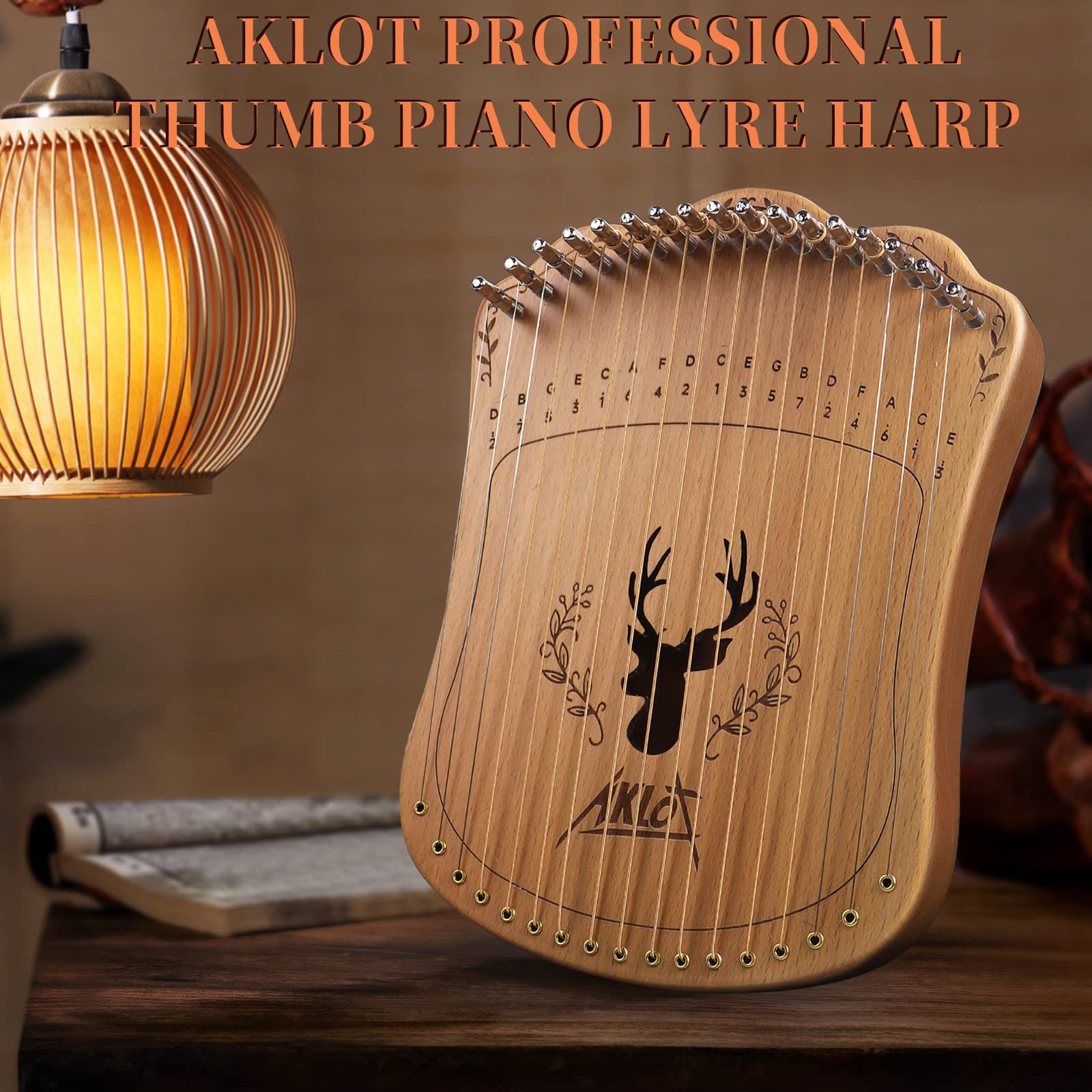 Lyre Harp, AKLOT harpe lyre 17 cordes métalliques lye harp thumb piano avec clé d'accord jeu de cordes de rechange sac de transport noir