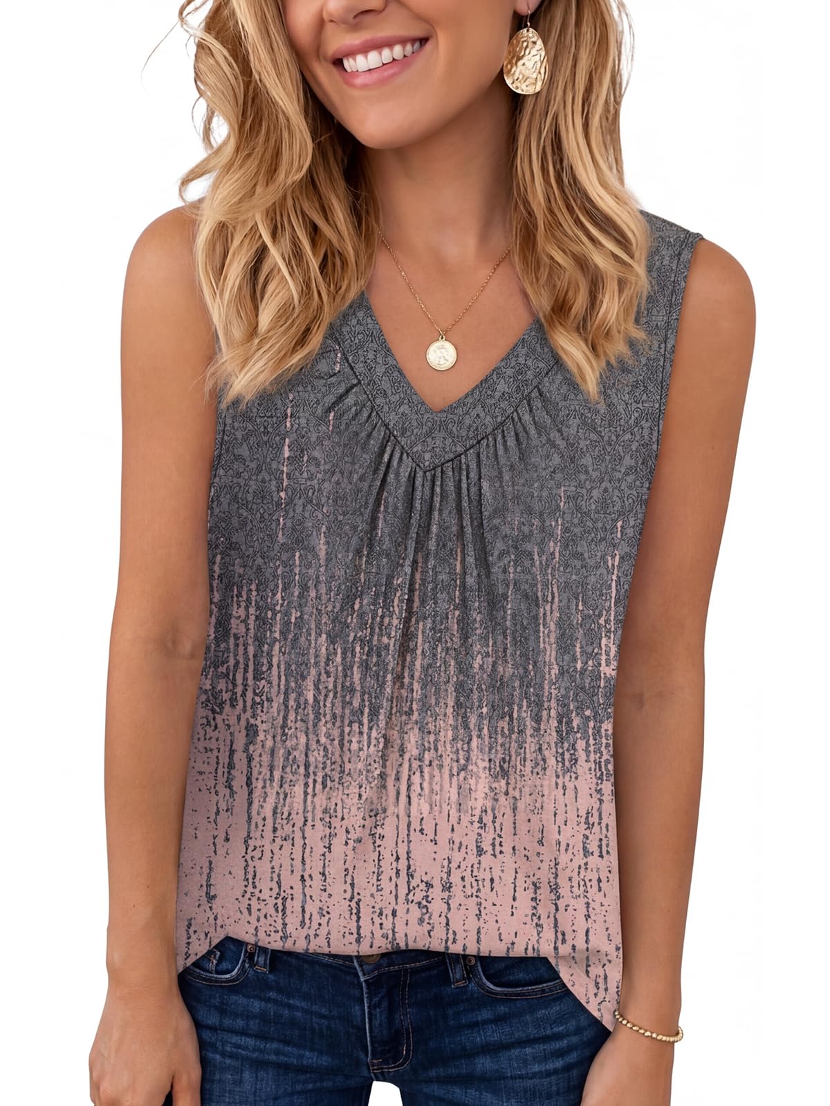 Chicrise Tank Top Damen Sommer V Ausschnitt Plissierte Basic Oberteile Ärmellos Locker Elegant Bluse Casual Leicht