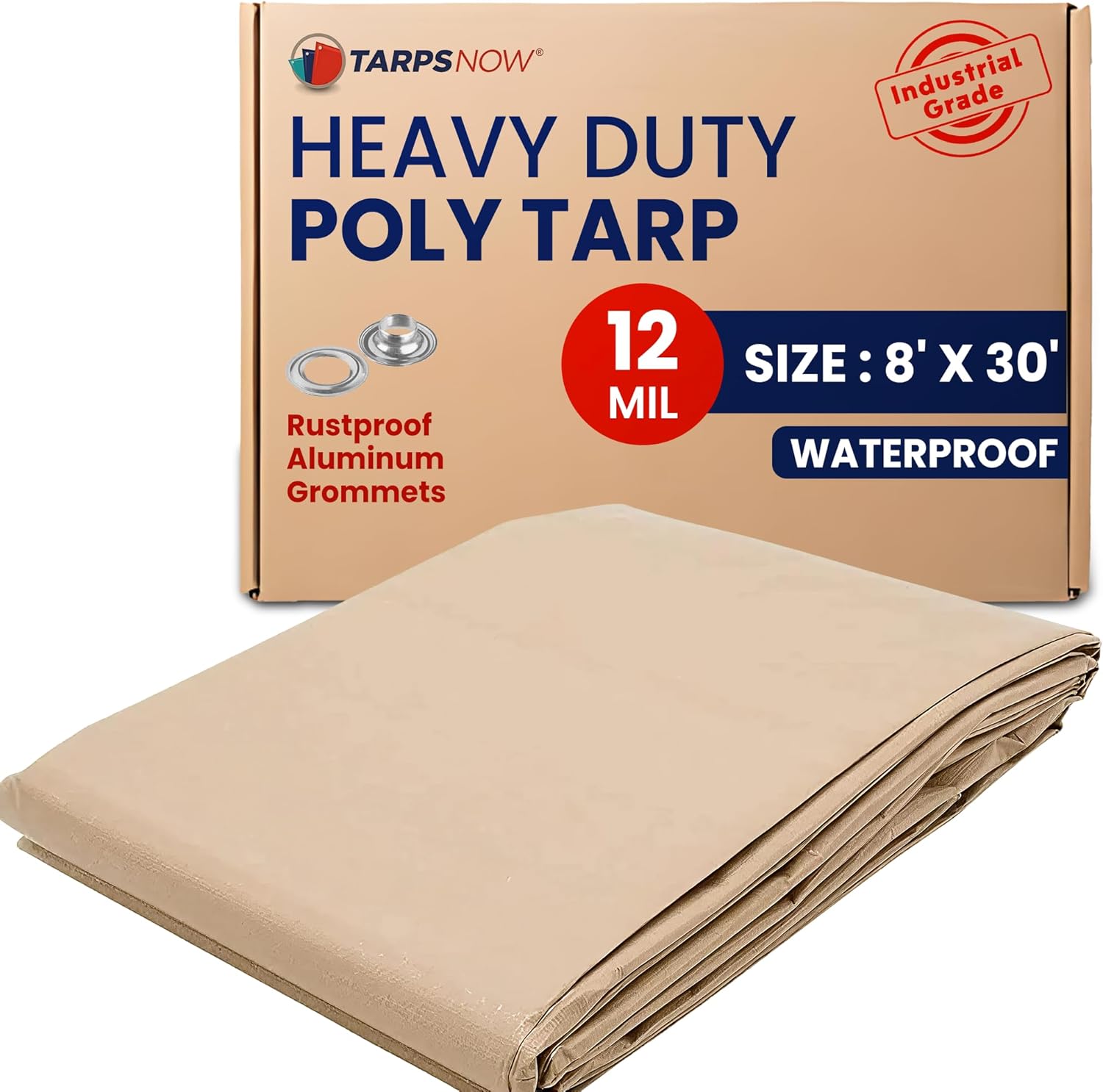 Tarps Now 8x30 Feet Heavy Duty Waterproof Poly Tarp | 12 MIL Reinforced Tarp with Aluminum Grommets | General-Purpose Brown Tarp Cover