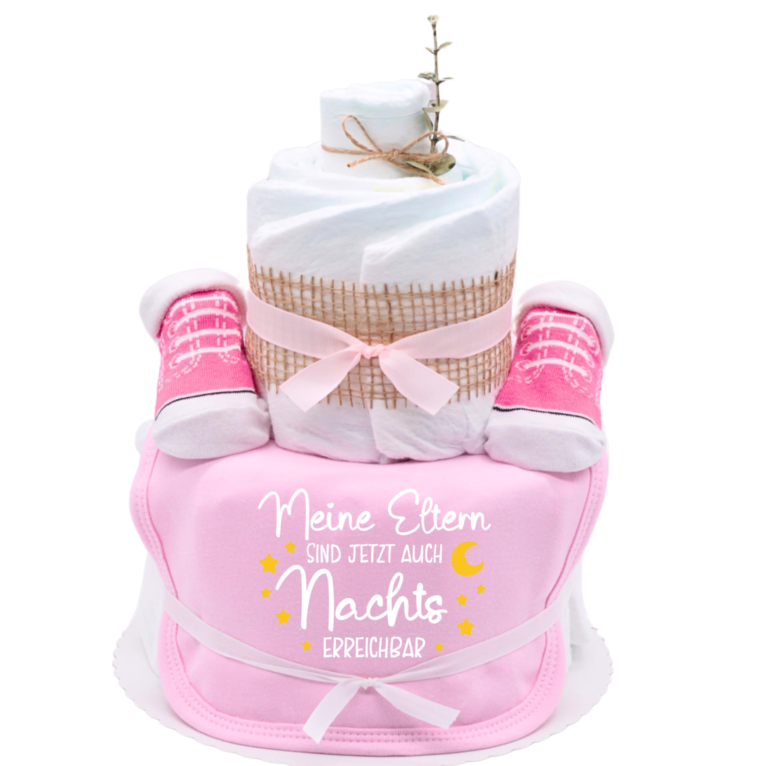 Trend Mama® | Sprüche Windeltorte | Meine Eltern sind jetzt auch Nachts erreichbar| 24 Windeln (Gr.2) Baby Lätzchen, Babysocken | Baby Party Geschenk (Rosa)