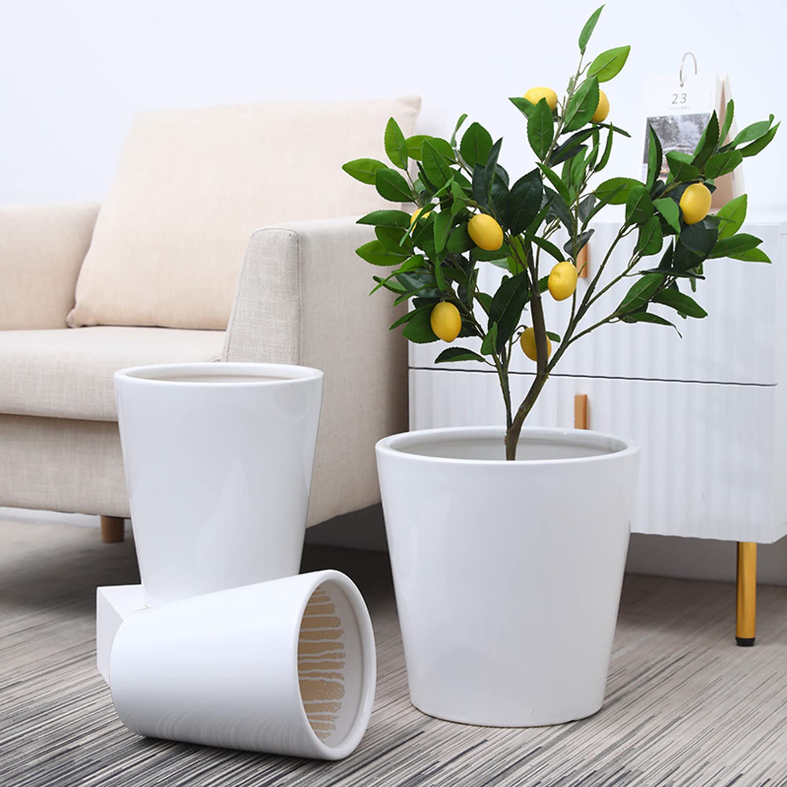 Vasi da Giardino Vasi da Fiori Rotondi con Foro di drenaggio e Vassoio in plastica, vasi da Giardinaggio Moderni per vasi da Fiori per Interni ed Esterni, Bianco