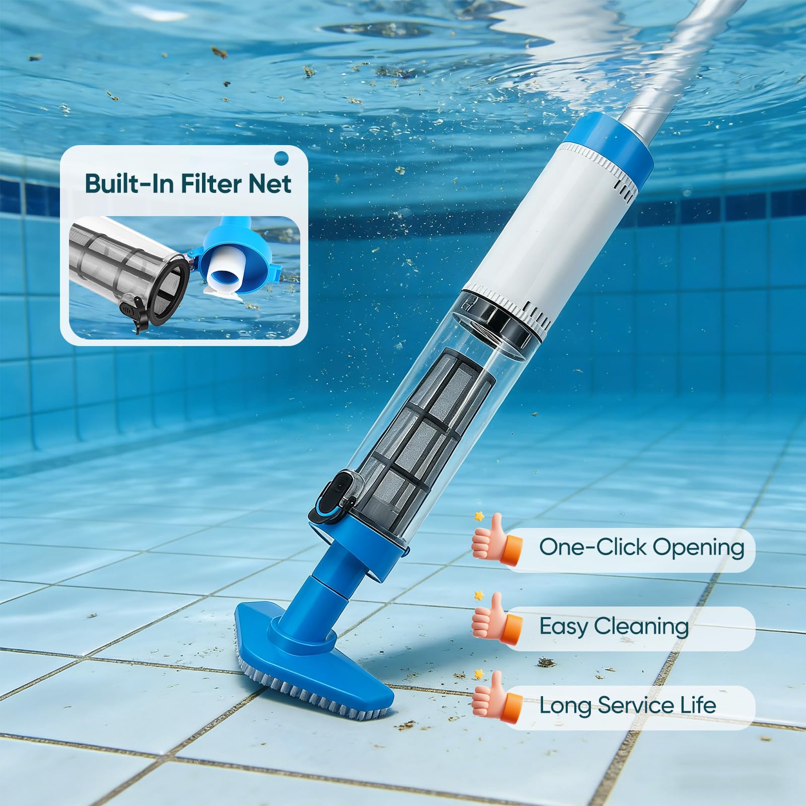 Aspirateur Piscine, 3 en 1 Aspirateur Spa Rechargeable avec Aspiration Puissante, Manche Télescopique de 103.5 à 162.5 cm, Capteur Automatique, 3 Têtes de Brosse pour Spas, Jacuzzis et Piscines