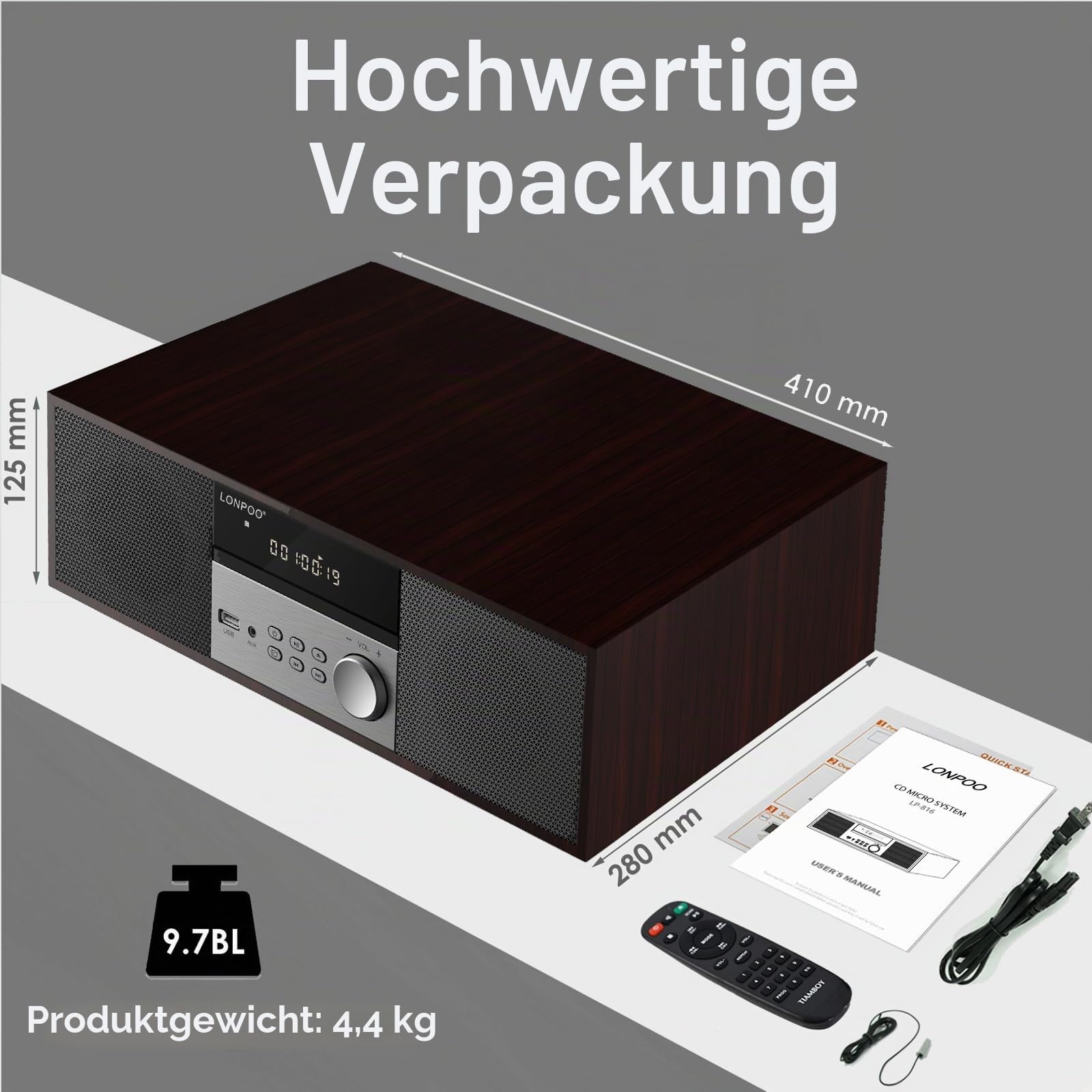 LONPOO Kompaktanlagen Micro HiFi-System, 40W RMS CD-Stereoanlage Musikanlage mit CD-Player, UKW Radio, Bluetooth, AUX-IN, Kopfhörer Ausgang, DSP-Tech, Klänge löschen& Satter Bass Ton