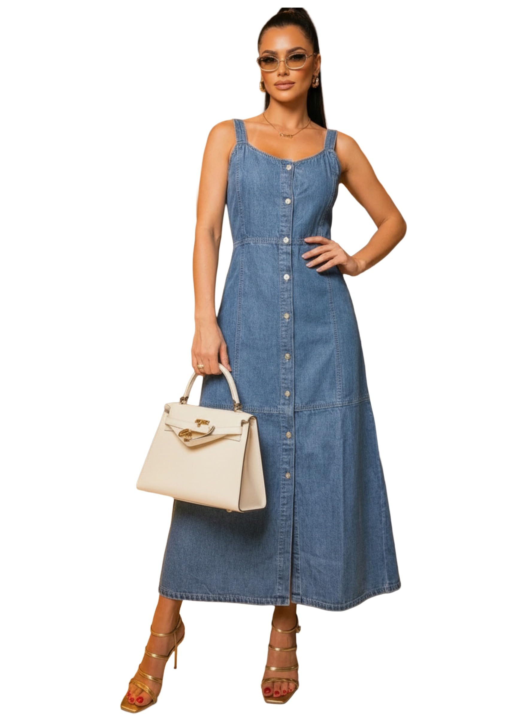 Women Denim Midi Dress for Women | A-Line Sleeveless Square Neck Button Down Dress | Cotton Blend Casual Western Dresses | Daily, Party, Office, Summer Long Outfits with Pockets-image-4
