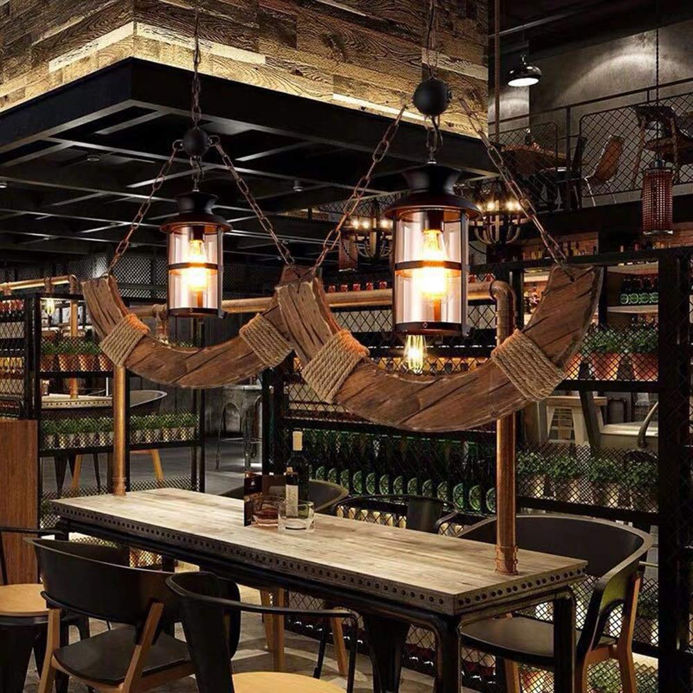 Générique LAUMZX Lustre rustique en bois à 1 lumière, suspension industrielle forme de lanterne croissant