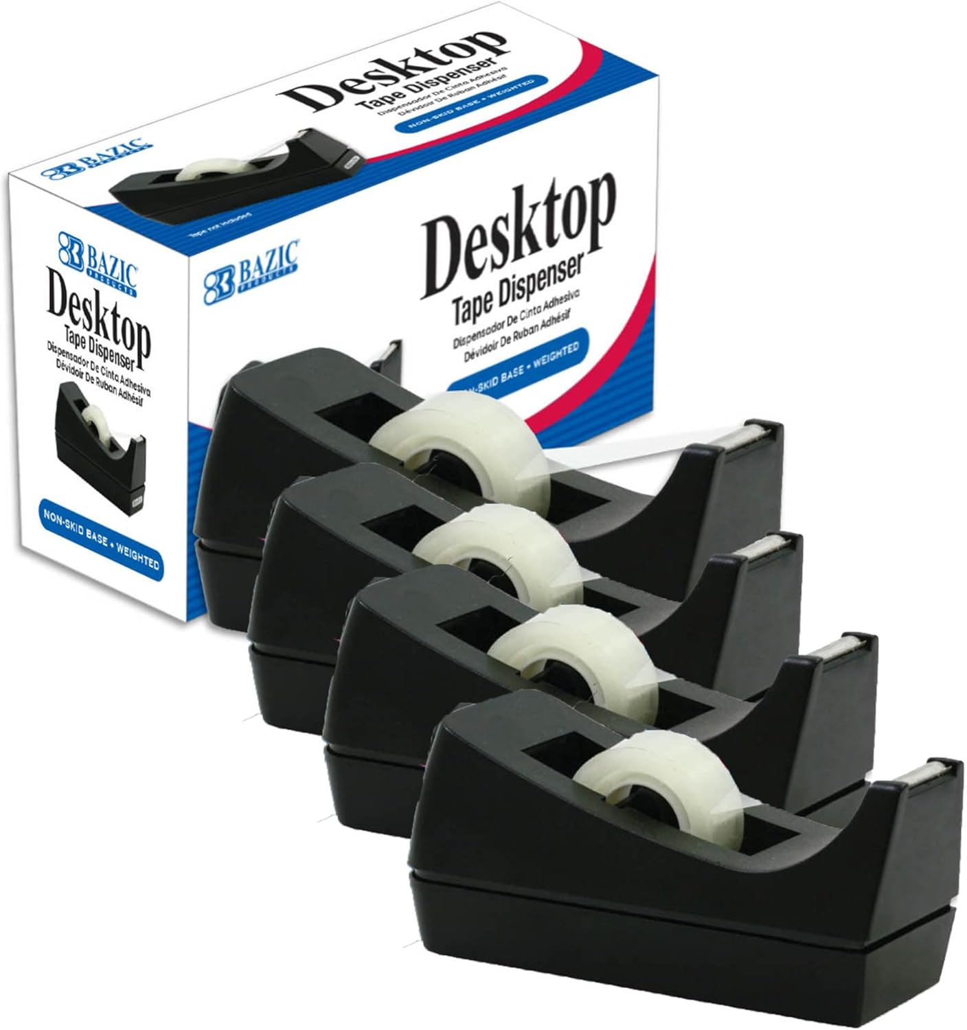 BAZIC Products Desktop Tape Dispenser 1" Core, Weighted Non-Skid Base, Sharpe Blade Tapes Holder for Office Home School, Dispenser Only, 12-Pack