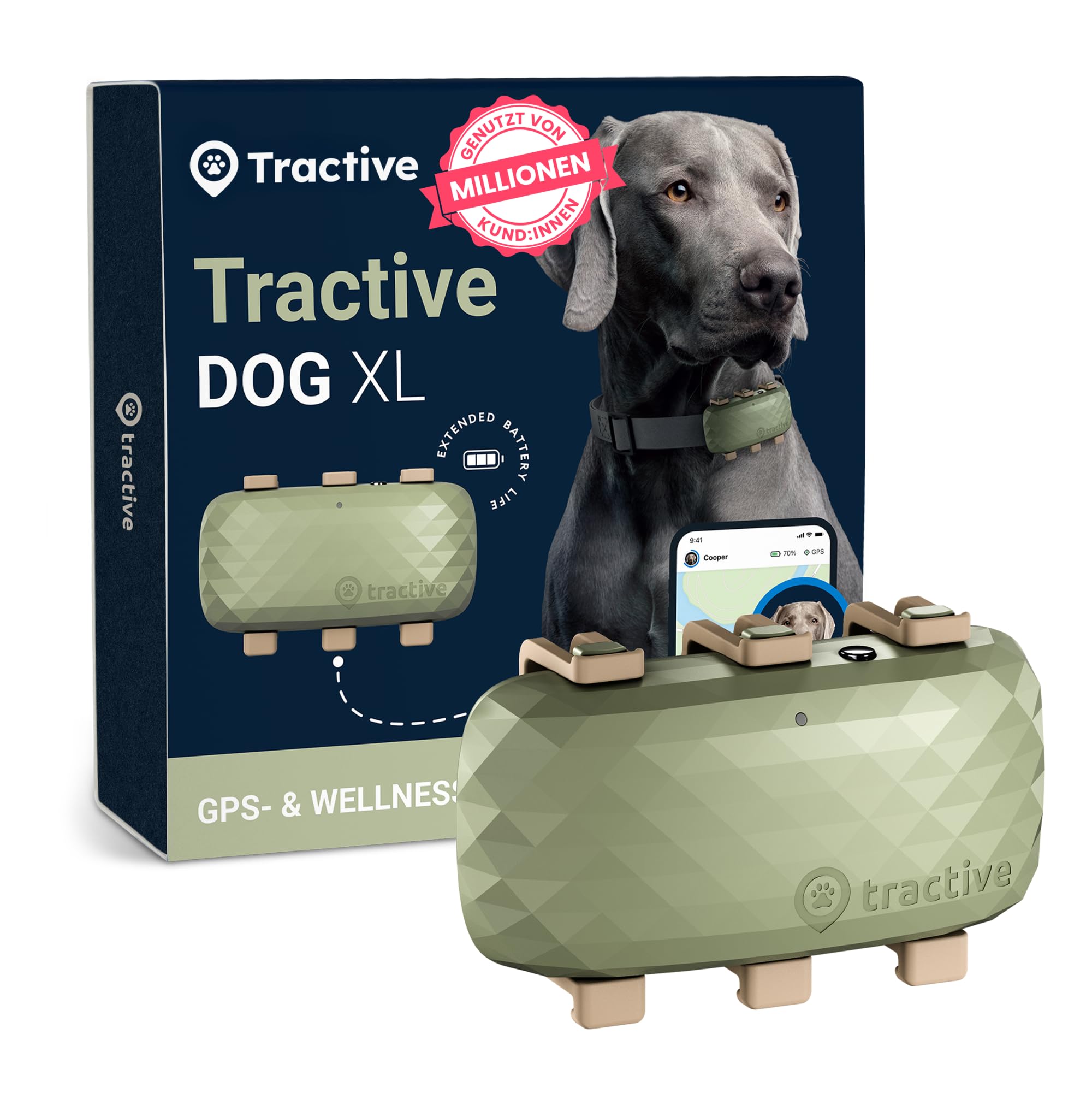 tractiveXL Smart Dog GPS Tracker | Live Pet Tracker with Virtual Fence | Vital Signs Monitoring of Heart & Respiratory Rate | Up to 1-Month Battery Life | Dog Collar Attachment (Green)GreenCircle Certified: Certified Energy Savings