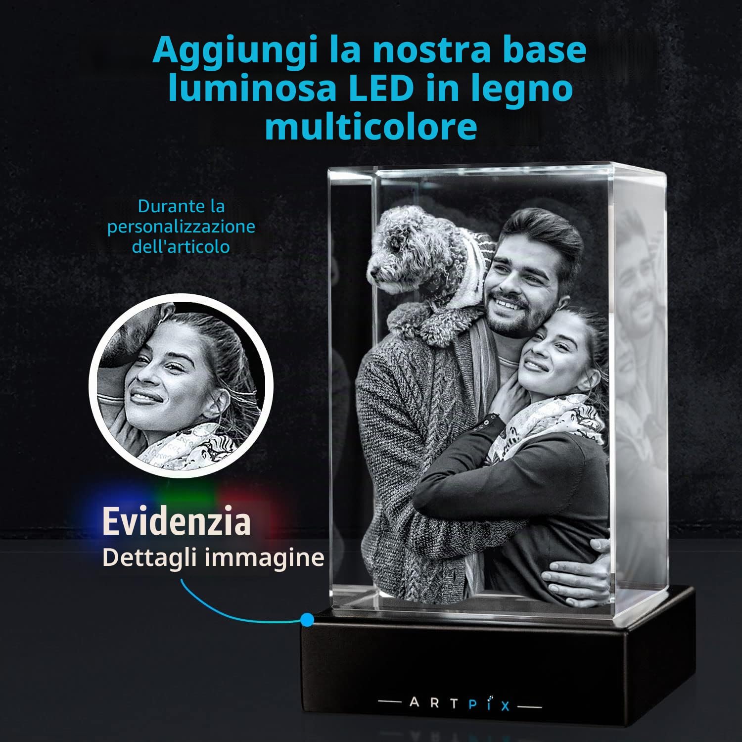 ArtPix 3D Crystal Photo, immagine 3D incisa al laser, cristallo rettangolare inciso, regali di compleanno commemorativi personalizzati per mamma, papà