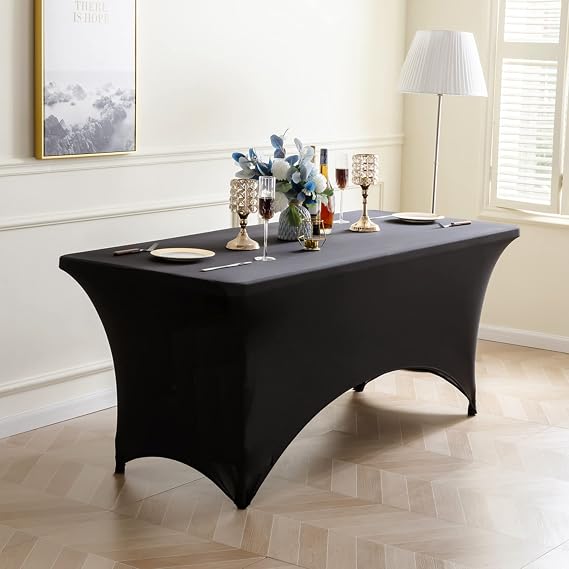 Time to Sparkle 4ft Table Cover for Rectangle Tables with Open Back | Black Stretch Spandex Universal Rectangular Fitted Tablecloth Protector for Wedding, Banquet and Party