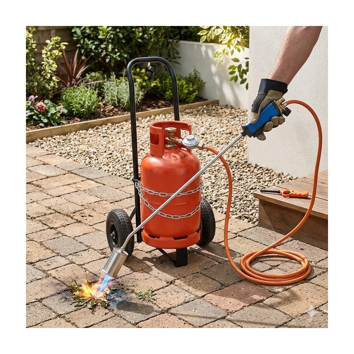 KEMPER - Desherbeur thermique + Tuyau gaz 5m, Détendeur propane, Allume gaz & Chariot à roues - Bruleur gaz 60mm Elimination Mauvaises Herbes