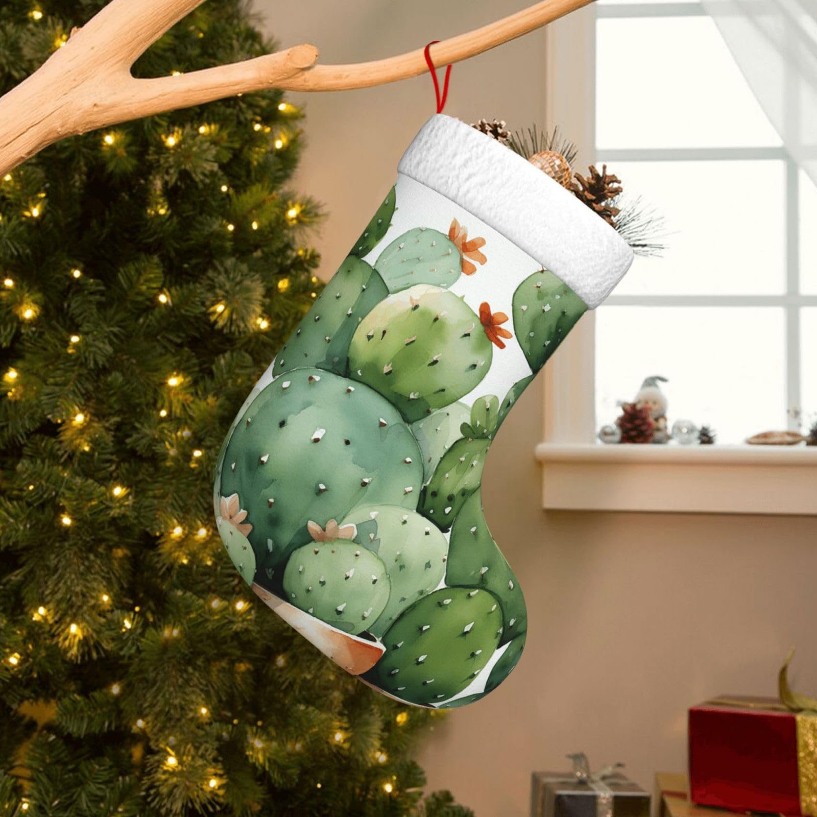 Velvet Christmas Stockings 17.7 Inch, Cute Watercolor Cactus Xmas Stocking with Soft Cuff,Classic Personalized Christmas Tree Decoration for Family Holiday New Year Party Supplies