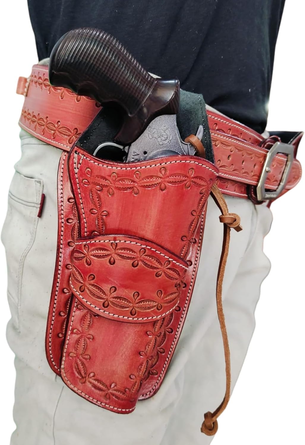 Luxeer-leather 22/38/44Cal Cowboy Full Grain Leather Authentic Carving Holster Belt SASS, Handmade, Rig L/R, Fits 4-6.5” Revolver Barrels, Size 28-62"