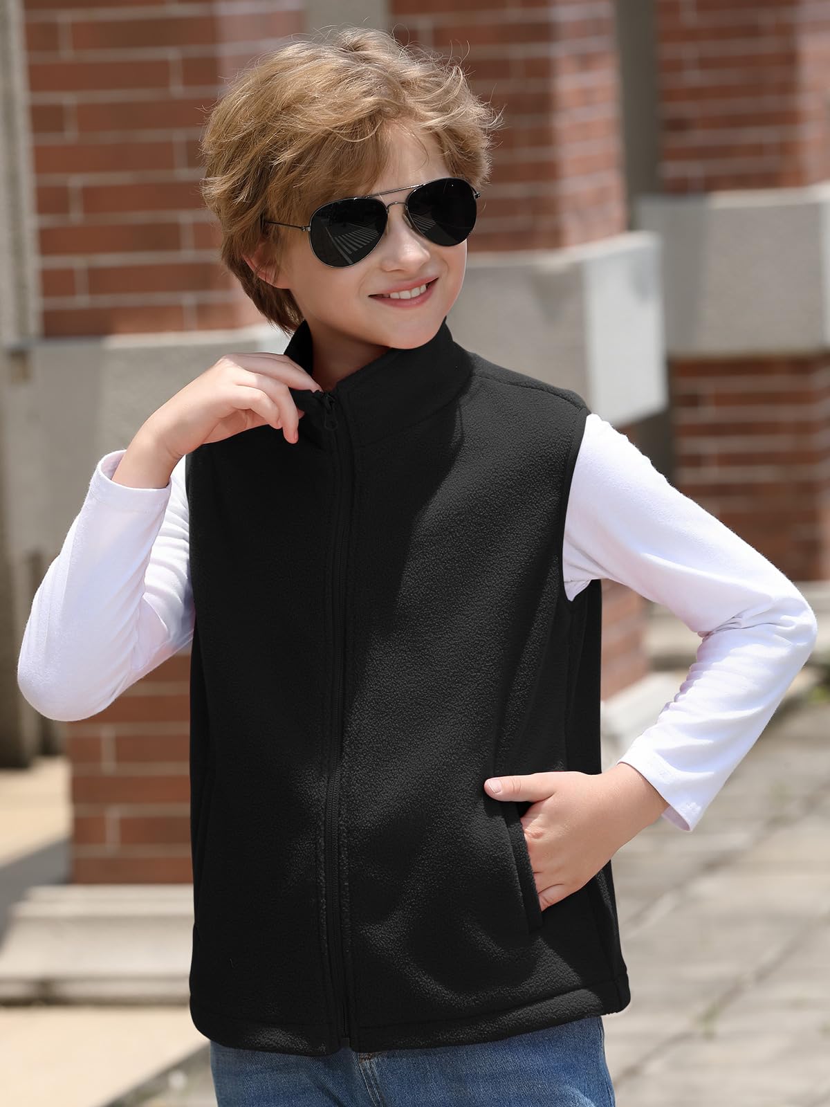 Haloumoning Gilet polaire pour garçons avec fermeture éclair intégrale - Veste légère sans manches pour l'automne et l'hiver - Vêtement d'extérieur chaud - 5-14 ans