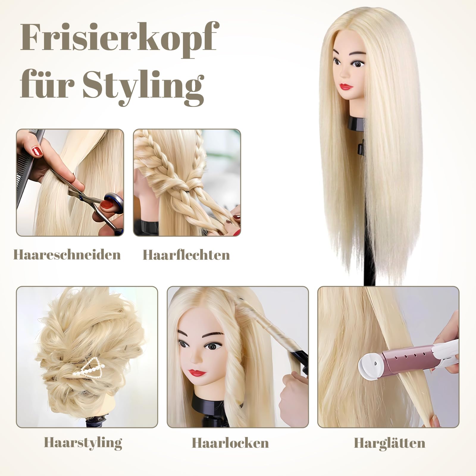 TwoWin Trainingsköpfe 80% Echtes Haar Blond Friseur Training Modell Mannequin Kopf mit Halterung Styling Glätten Locken Dauerwelle