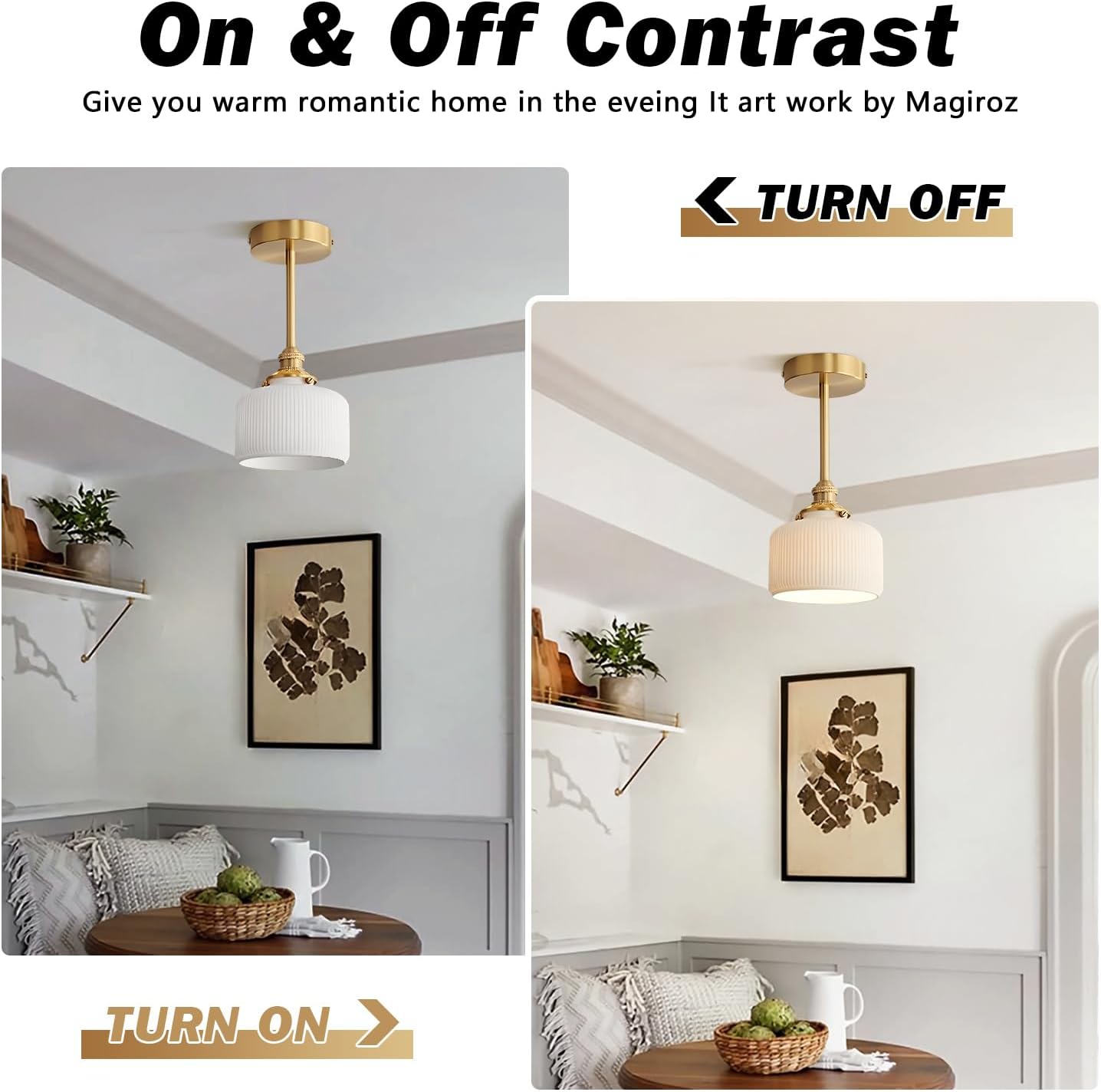 Mid Century Modern Antique Brass Semi Flush Mount Ceiling Light Fixture Vintage White Milk Glass Ceiling Light Brushed Gold Close to Ceiling Foyer Lighting for Hallway Porch Corridor MCL28-D