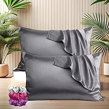 SITTELLA® Set of 4 Satin Silk Solid Pillow Cover and 6 Free Scrunchies with Envelope Closure End and Design, Soft Silk Pillow Case for Hair and Skin (Grey), 72 X 46 Cm, 600 TC