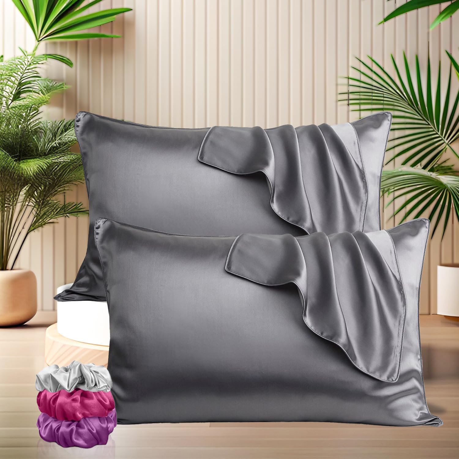 SITTELLA® 72x46 cm Set of 2 Satin Silk Pillow Covers with 3 Free Scrunchies | 600 TC Soft Pillowcase for Hair & Skin | Envelope Closure | Grey