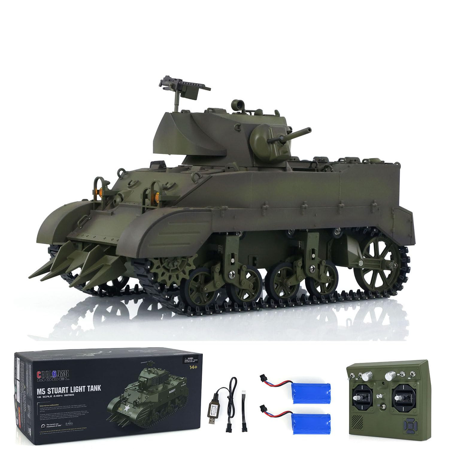 wheelfun Henglong 1/16 RTR 2.4Ghz RC Tank US M5A1 Stuart VI Remote Control Light Tank Turret rotates 360 Degrees LED Lights Smoking Function Hobby Grade Tank Model