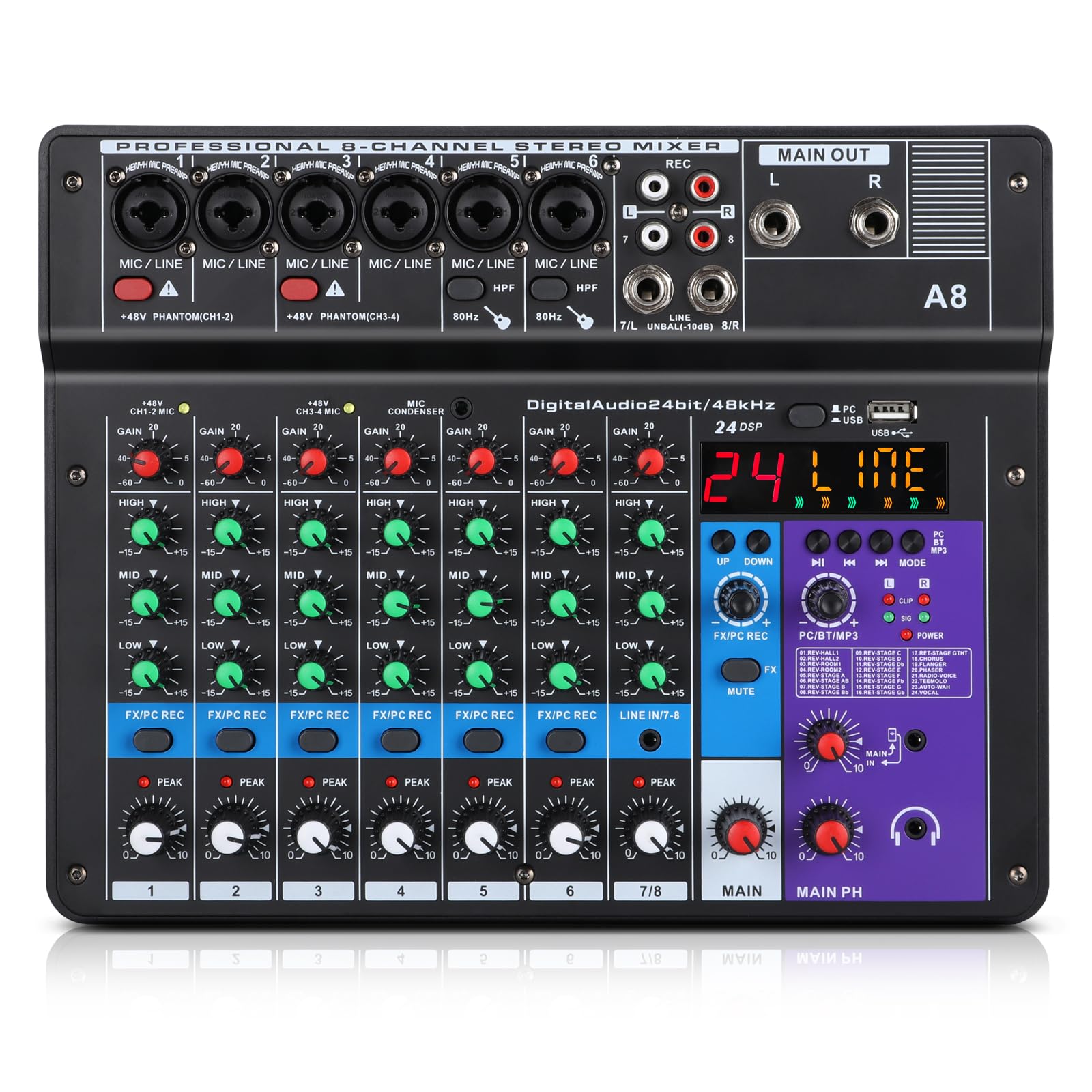 XTUGA A8 Audio-Mischpult, 8 Kanäle, mit USB-Mischpult, Bluetooth-Audio-Mixer und 48 V Phantomspeisung, Rückschleifenfunktion, ideal für Shows und Meetings