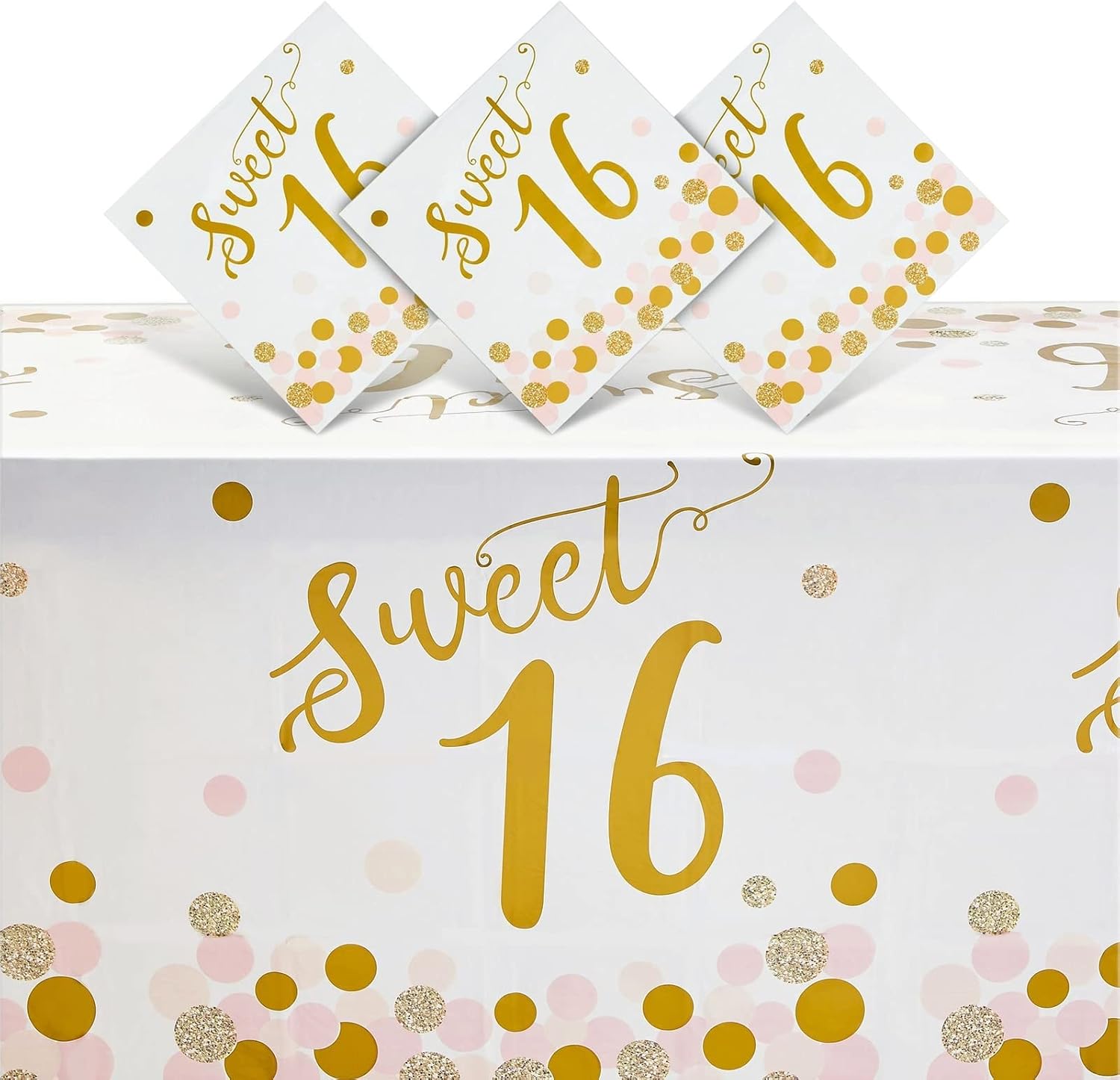 BLUE PANDA 3-Pack Sweet 16 Tablecloth for Girls Birthday Party Supplies, Sweet 16 Table Decorations, Disposable Pink, Gold, and White Table Cloths (Fits Tables Up to 8 ft, 54x108 in)