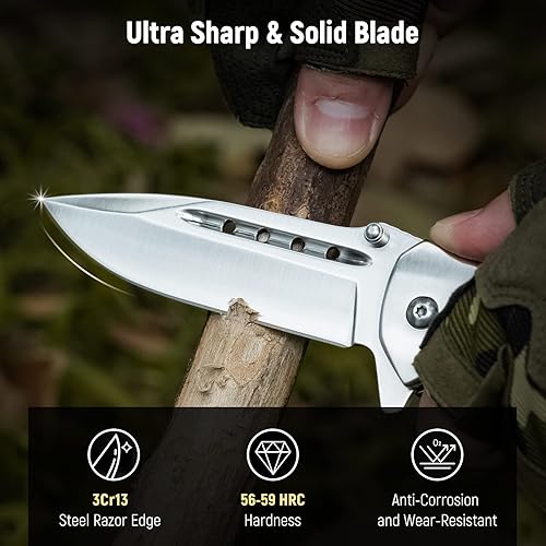 Vista 25 de Navaja de bolsillo para hombre – Cuchillos de bolsillo plegables con mango de madera con clip, rompedor de vidrio, cuchillo EDC de hoja afilada