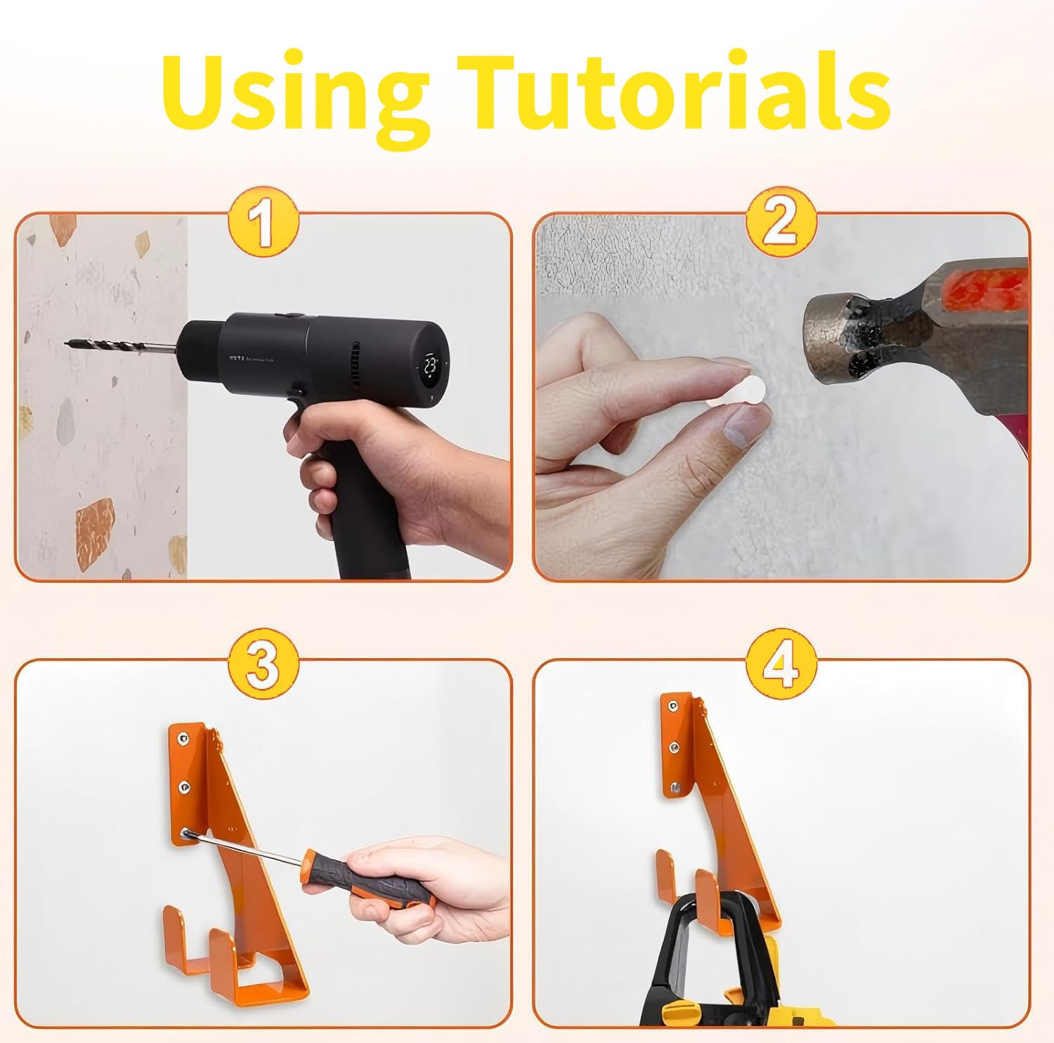 Soporte de pared para motosierra (juego de 2) – Soporte de hierro resistente hasta 68 kg, con protección de goma para asas, montaje horizontal/vertical, para garaje y taller (naranja)