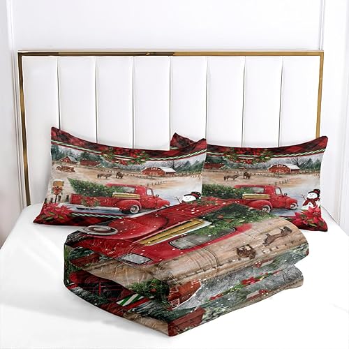 Miniatura 4 de Juego de edredón de Navidad a cuadros rojos, diseño de árbol de pino, nieve, muñeco de nieve rojo, juego de edredón de regalo de muñeco de nieve