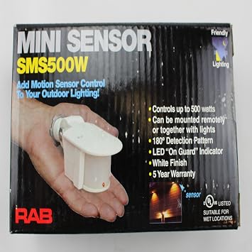 RAB Lighting SMS500W Motion Sensor Outdoor Light Controller, Security Motion Detector Switch for Flood Lights, Hardwired 180 Motion Detection, Adjustable Sensitivity Timer, White